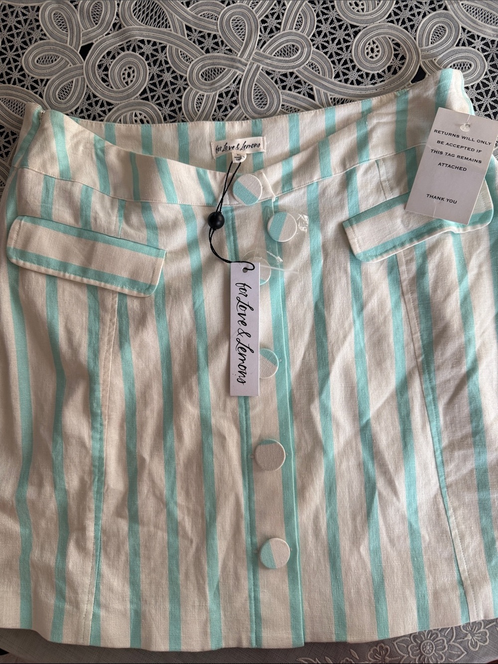 For Love & Lemons Mint and White Striped Button-Front Mini Skirt